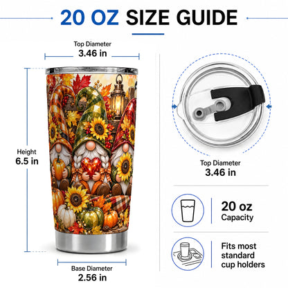 #pl[20oz|Steel] Autumn Gnome 20oz Tumbler, Pumpkin Sunflower Artwork for Gnome Lovers