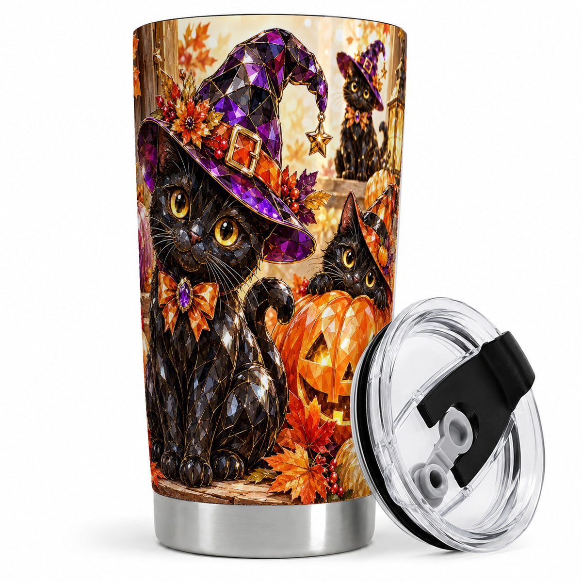 #pl[20oz|Steel] Halloween Black Cat 20oz Tumbler, Witch Hat Pumpkin Artwork