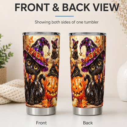 #pl[20oz|Steel] Halloween Black Cat 20oz Tumbler, Witch Hat Pumpkin Artwork