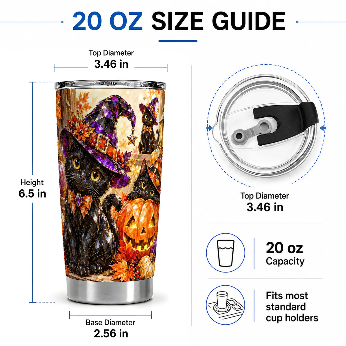 #pl[20oz|Steel] Halloween Black Cat 20oz Tumbler, Witch Hat Pumpkin Artwork