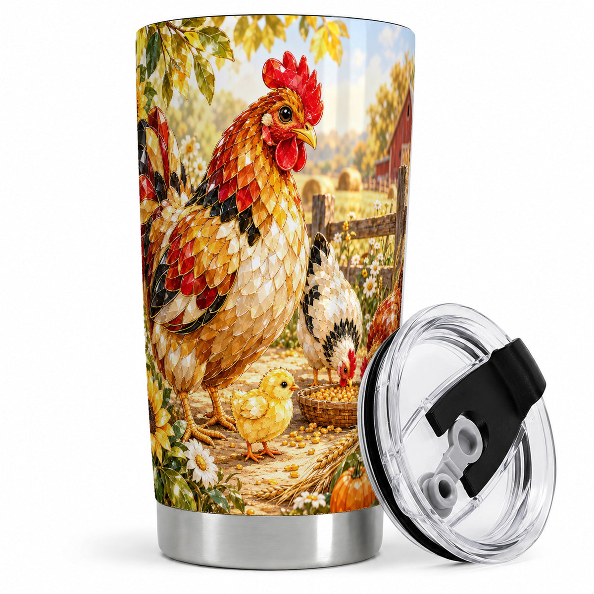 #pl[20oz|Steel] Autumn Chicken Farm 20oz Tumbler, Sunflower Harvest Artwork