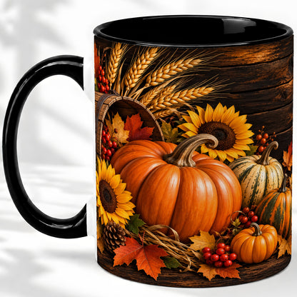 #pl[11oz|Black] Rustic Harvest Ceramic Mug with Pumpkins, Sunflowers and Wheat