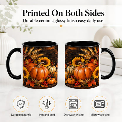 #pl[11oz|Black] Rustic Harvest Ceramic Mug with Pumpkins, Sunflowers and Wheat