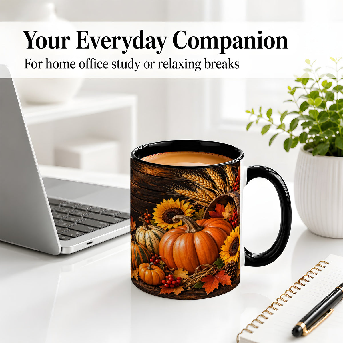 #pl[11oz|Black] Rustic Harvest Ceramic Mug with Pumpkins, Sunflowers and Wheat
