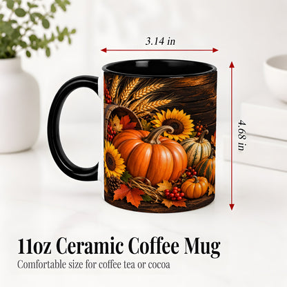 #pl[11oz|Black] Rustic Harvest Ceramic Mug with Pumpkins, Sunflowers and Wheat