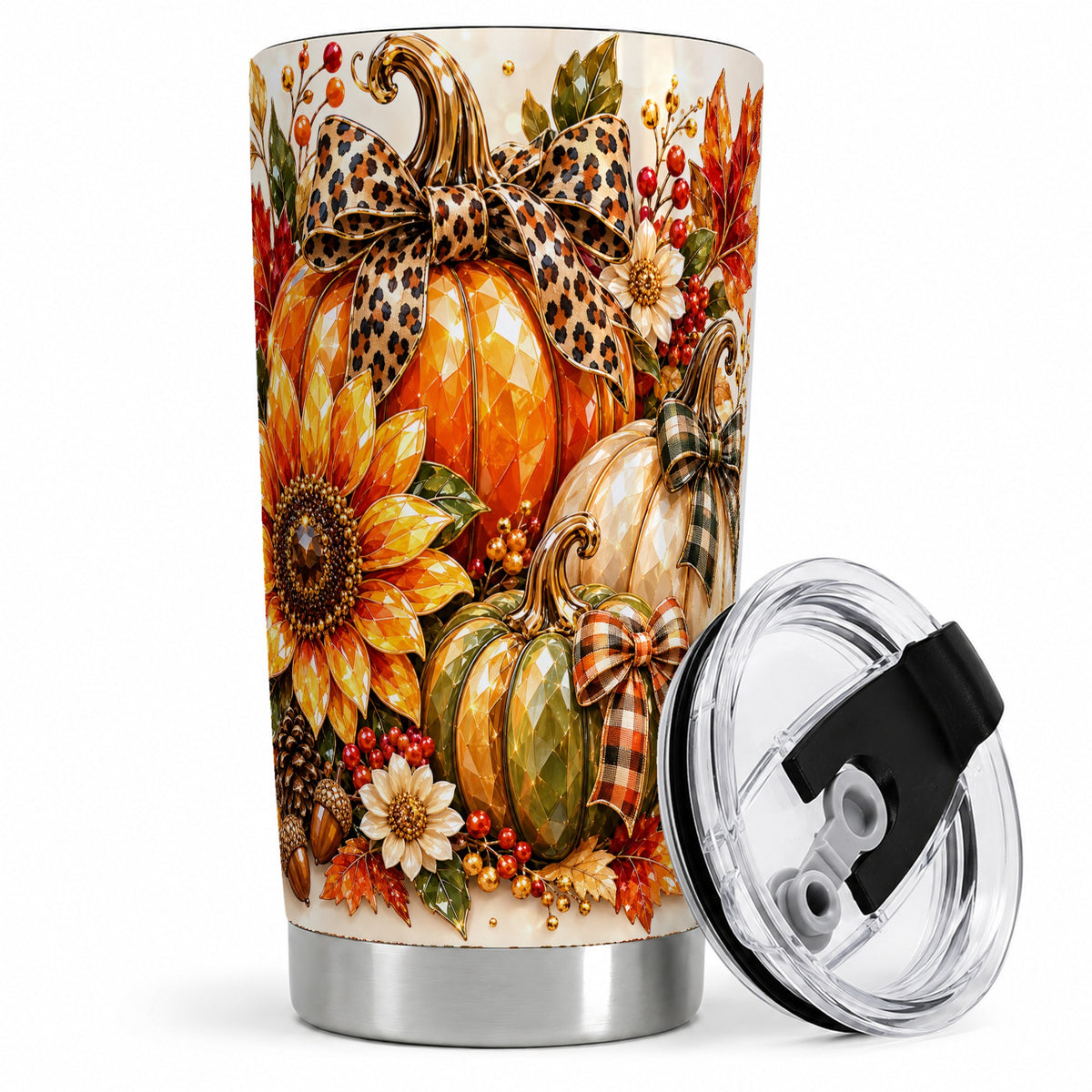 #pl[20oz|Steel] Fall Pumpkin Bow 20oz Tumbler, Sunflower Harvest Artwork