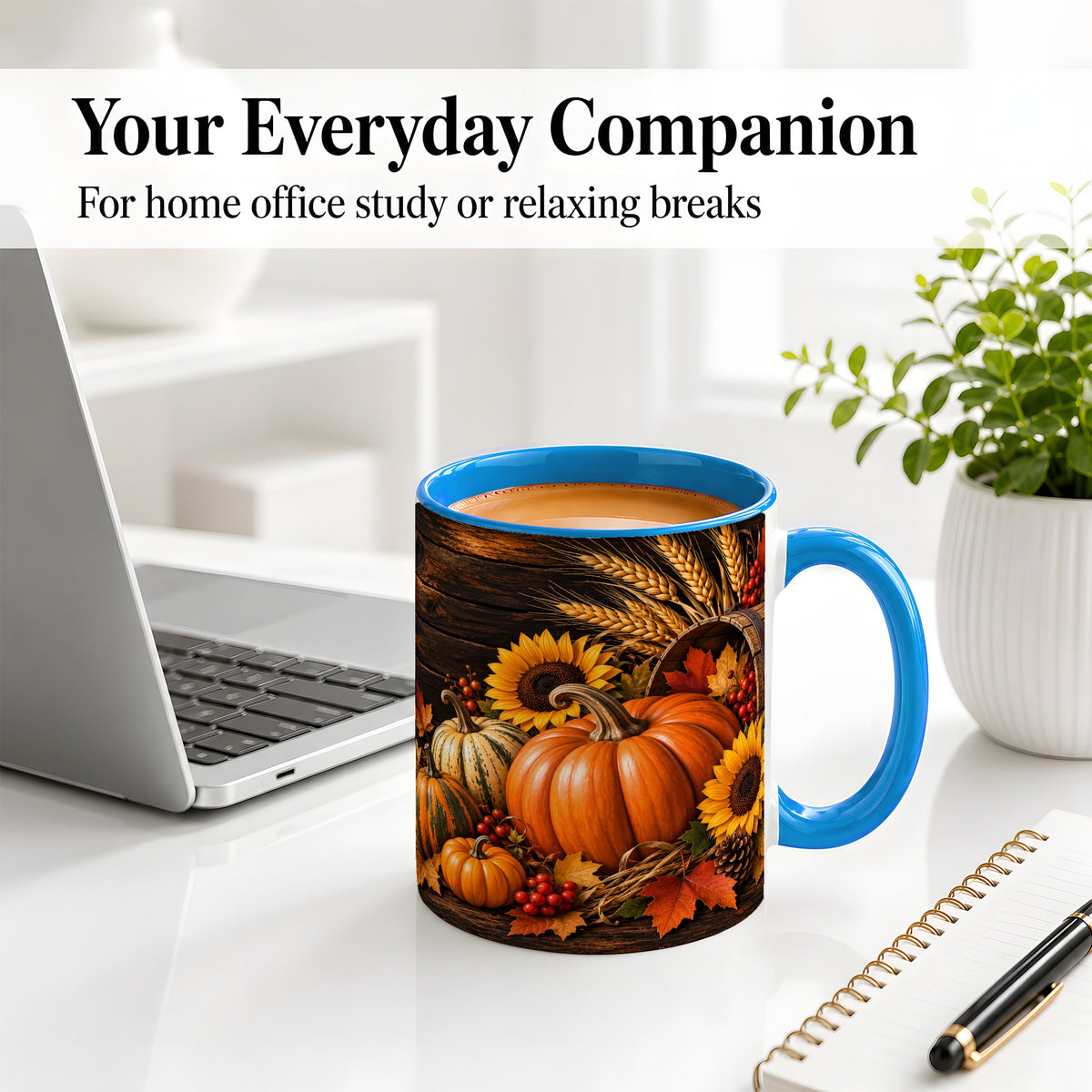 #pl[11oz|Blue] Rustic Harvest Ceramic Mug with Pumpkins, Sunflowers and Wheat