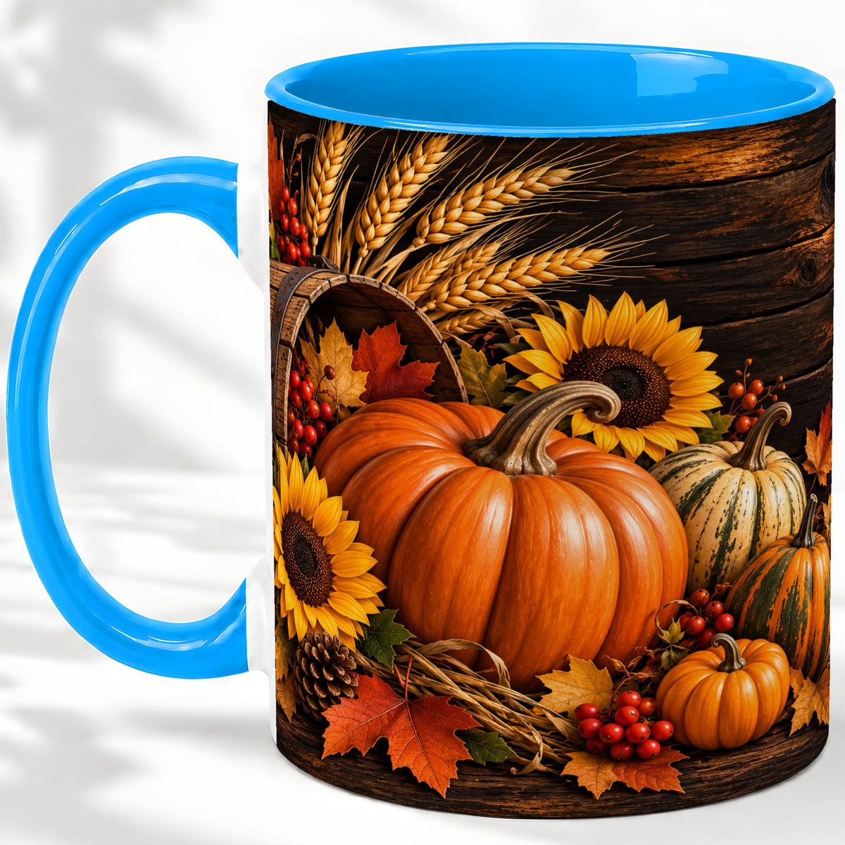 #pl[11oz|Blue] Rustic Harvest Ceramic Mug with Pumpkins, Sunflowers and Wheat