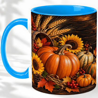 #pl[11oz|Blue] Rustic Harvest Ceramic Mug with Pumpkins, Sunflowers and Wheat