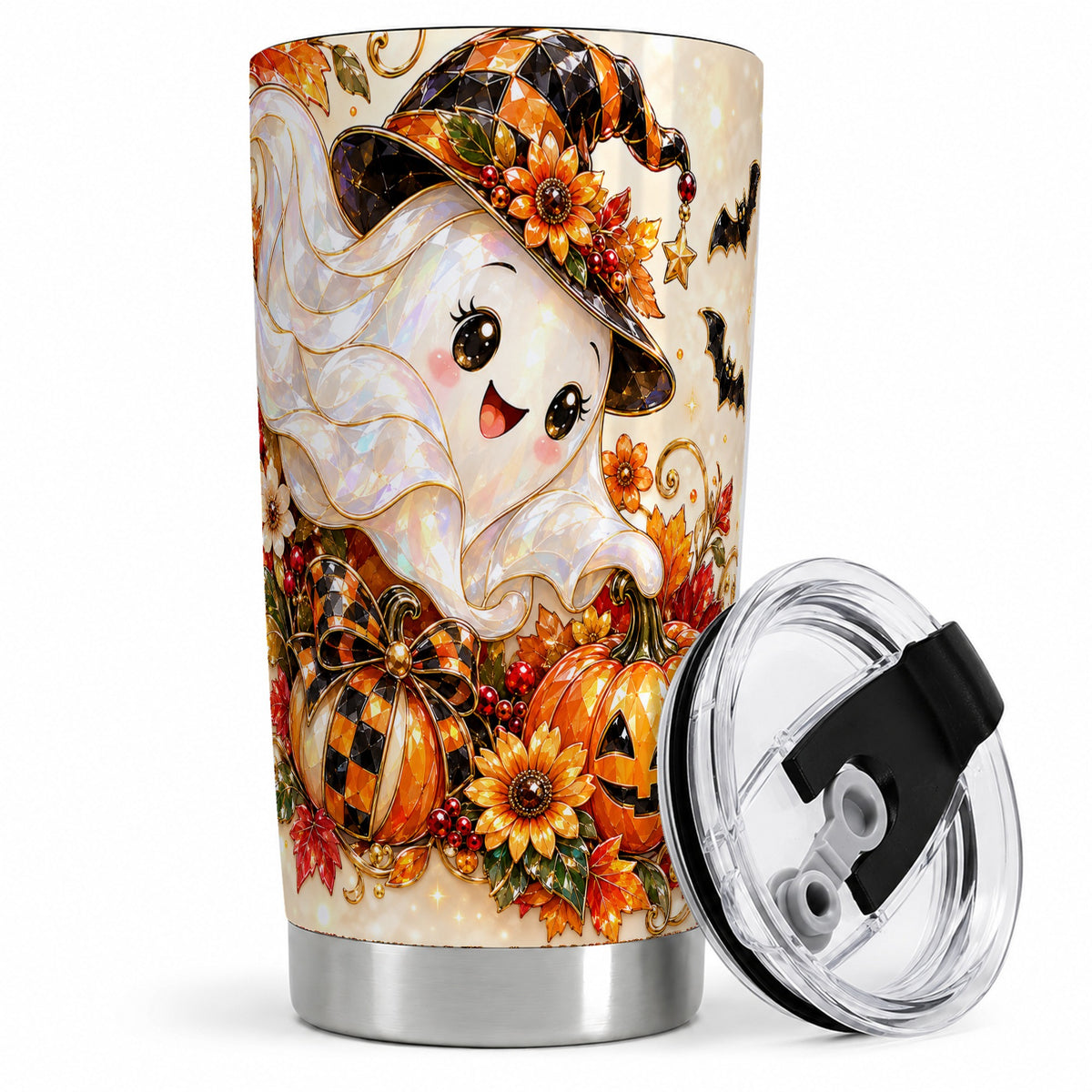 #pl[20oz|Steel] Cute Halloween Ghost 20oz Tumbler, Witch Hat Pumpkin Artwork