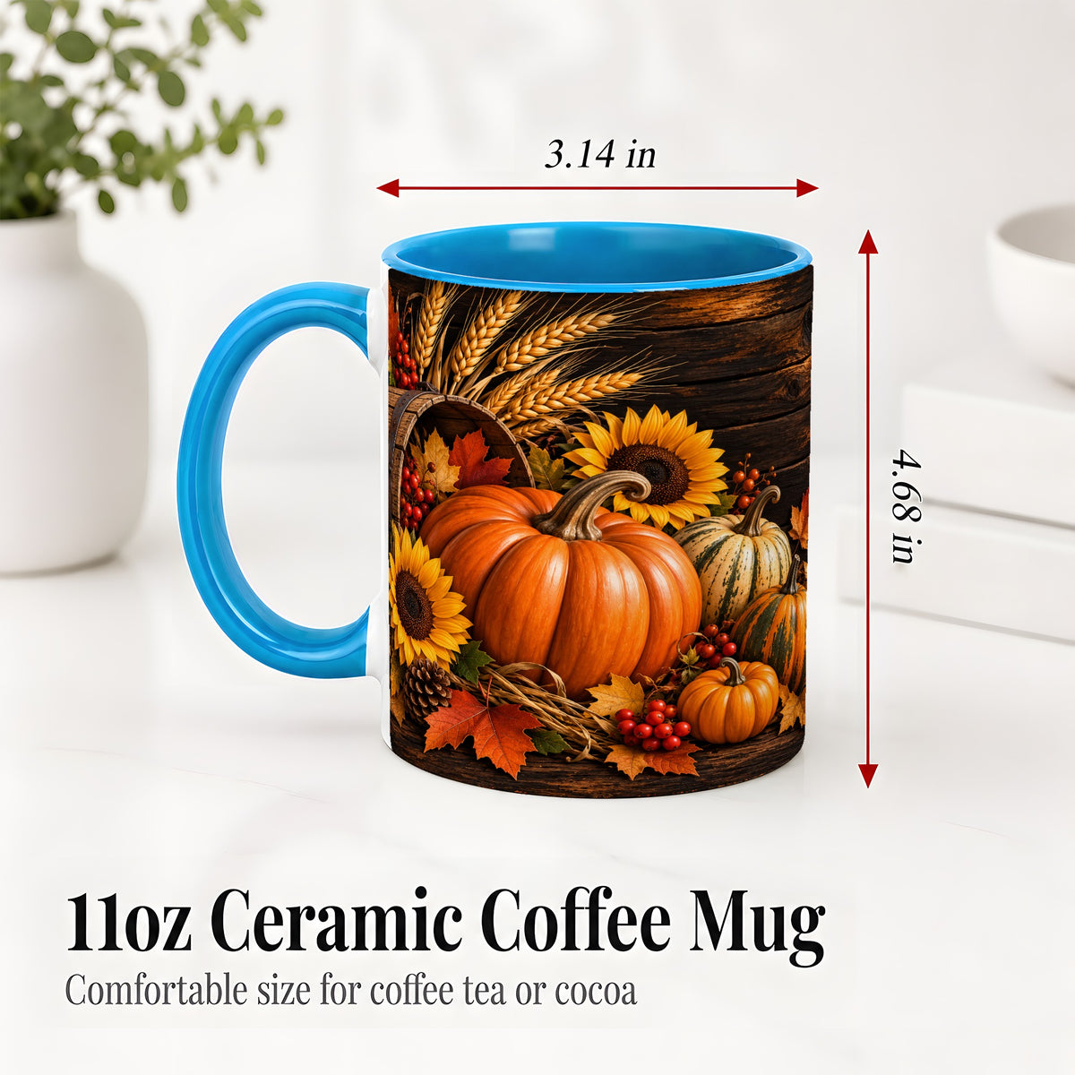 #pl[11oz|Blue] Rustic Harvest Ceramic Mug with Pumpkins, Sunflowers and Wheat