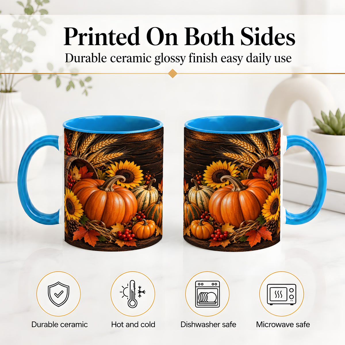 #pl[11oz|Blue] Rustic Harvest Ceramic Mug with Pumpkins, Sunflowers and Wheat