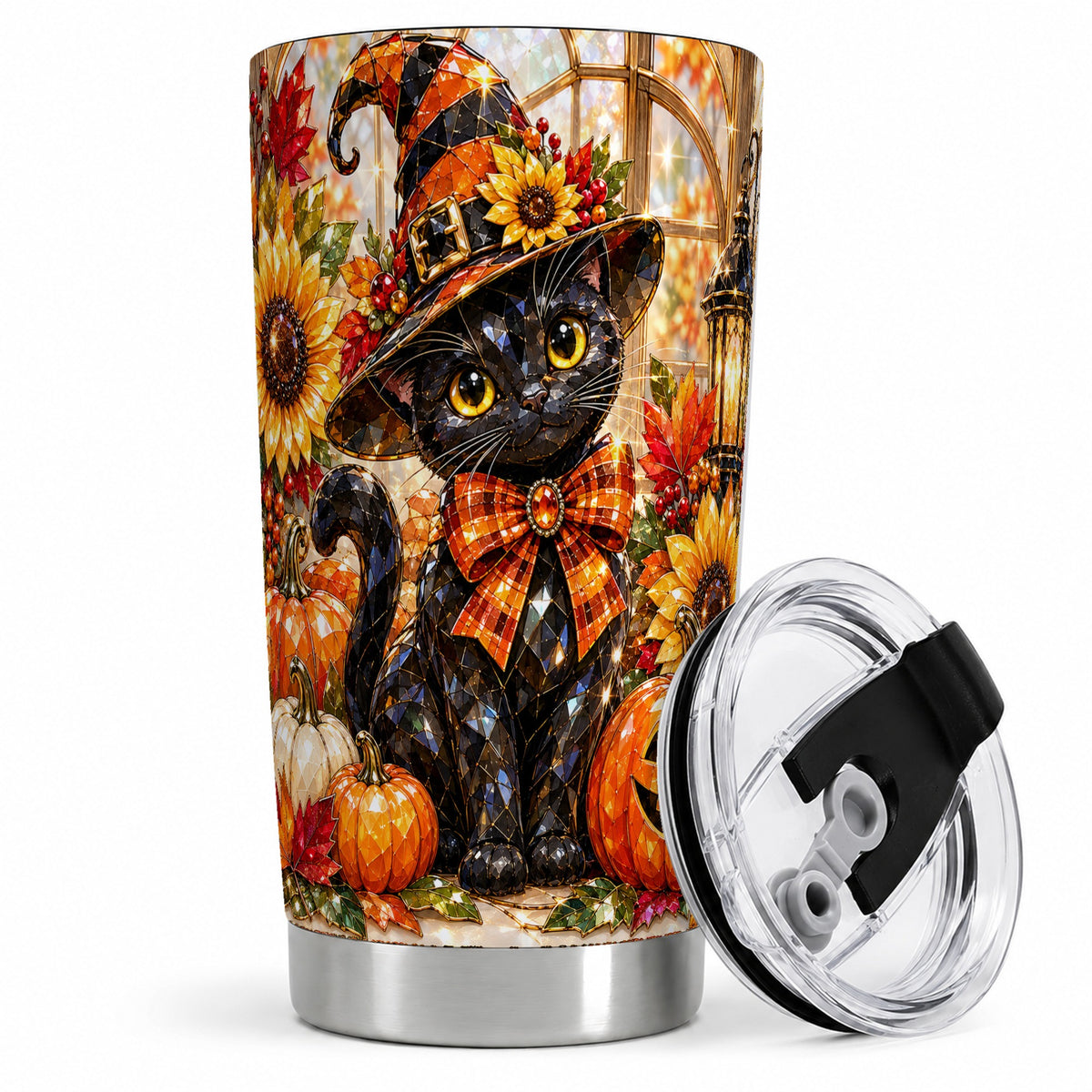 #pl[20oz|Steel] Halloween Black Cat 20oz Tumbler, Sunflower Pumpkin Artwork