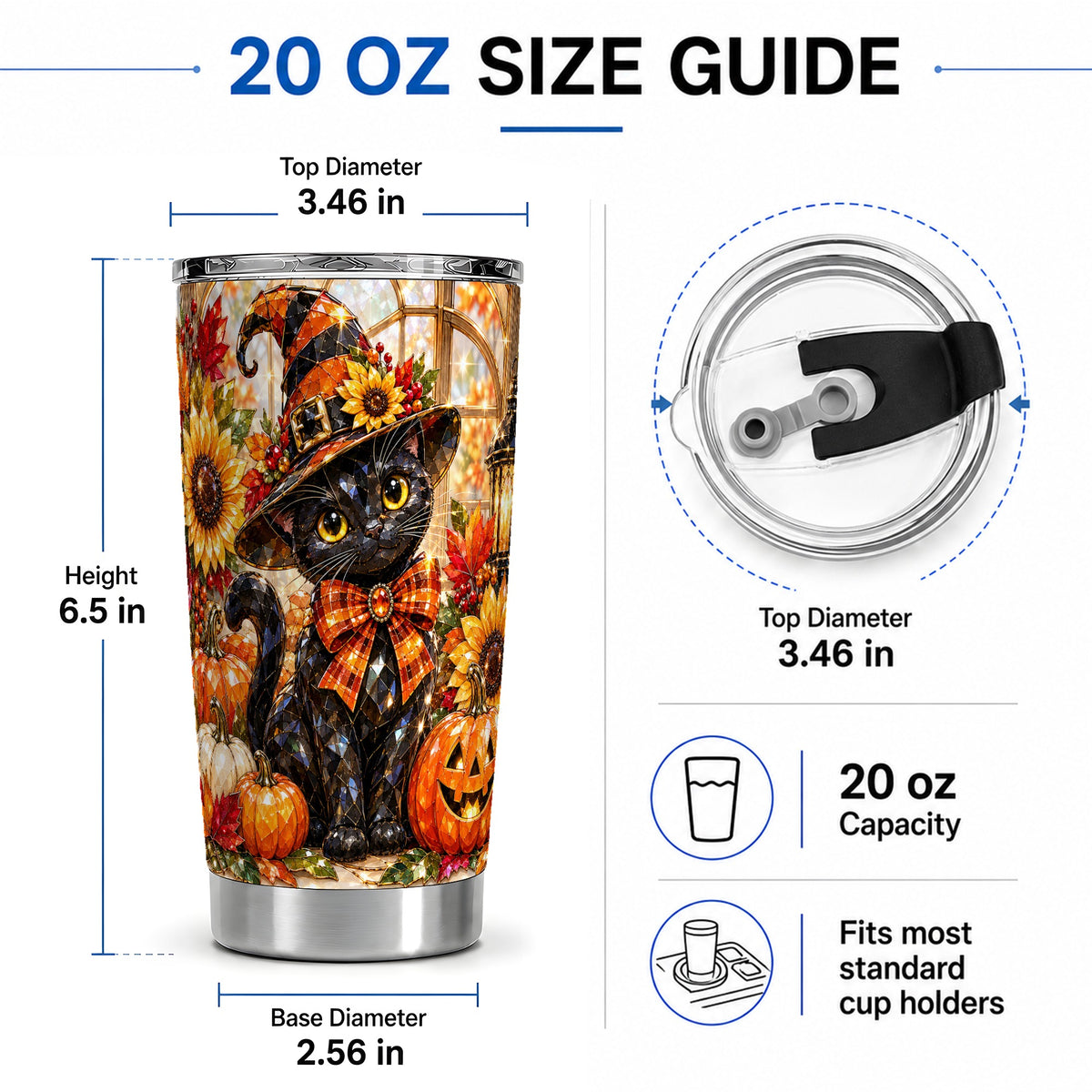 #pl[20oz|Steel] Halloween Black Cat 20oz Tumbler, Sunflower Pumpkin Artwork