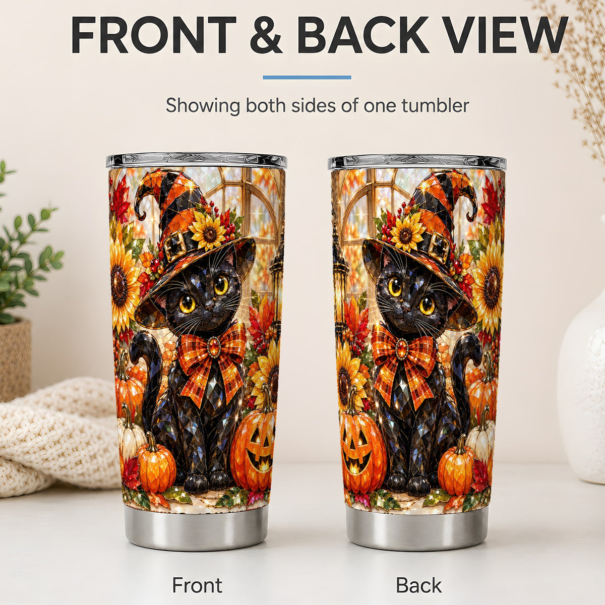 #pl[20oz|Steel] Halloween Black Cat 20oz Tumbler, Sunflower Pumpkin Artwork