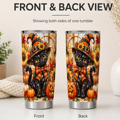 #pl[20oz|Steel] Halloween Black Cat 20oz Tumbler, Sunflower Pumpkin Artwork