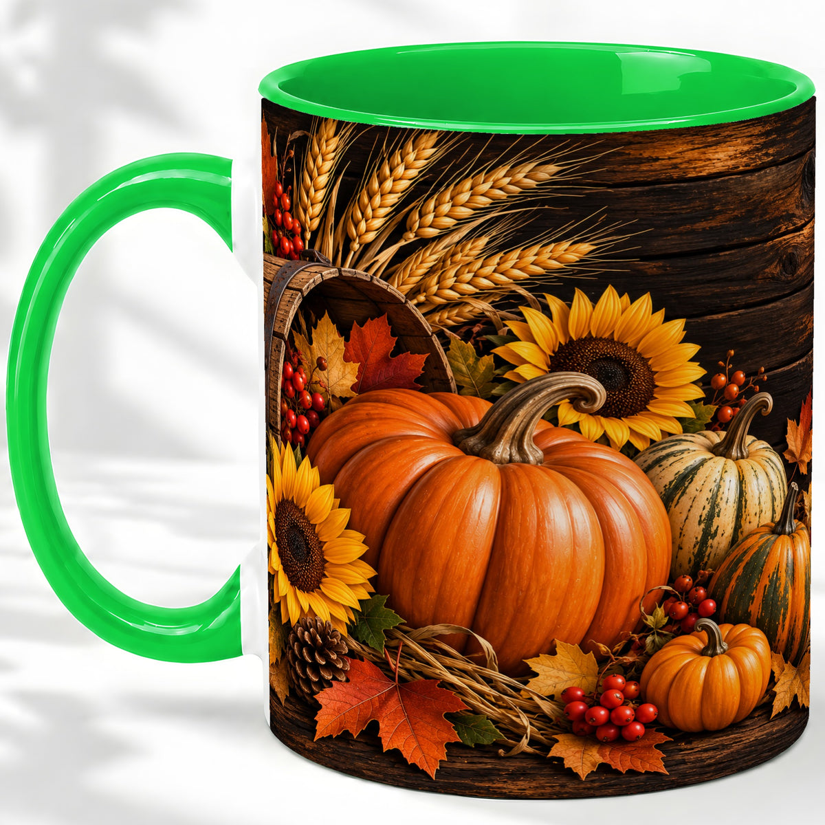 #pl[11oz|Green] Rustic Harvest Ceramic Mug with Pumpkins, Sunflowers and Wheat