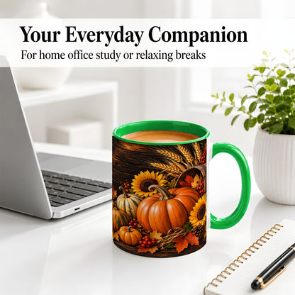 #pl[11oz|Green] Rustic Harvest Ceramic Mug with Pumpkins, Sunflowers and Wheat