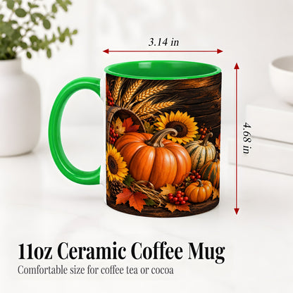 #pl[11oz|Green] Rustic Harvest Ceramic Mug with Pumpkins, Sunflowers and Wheat