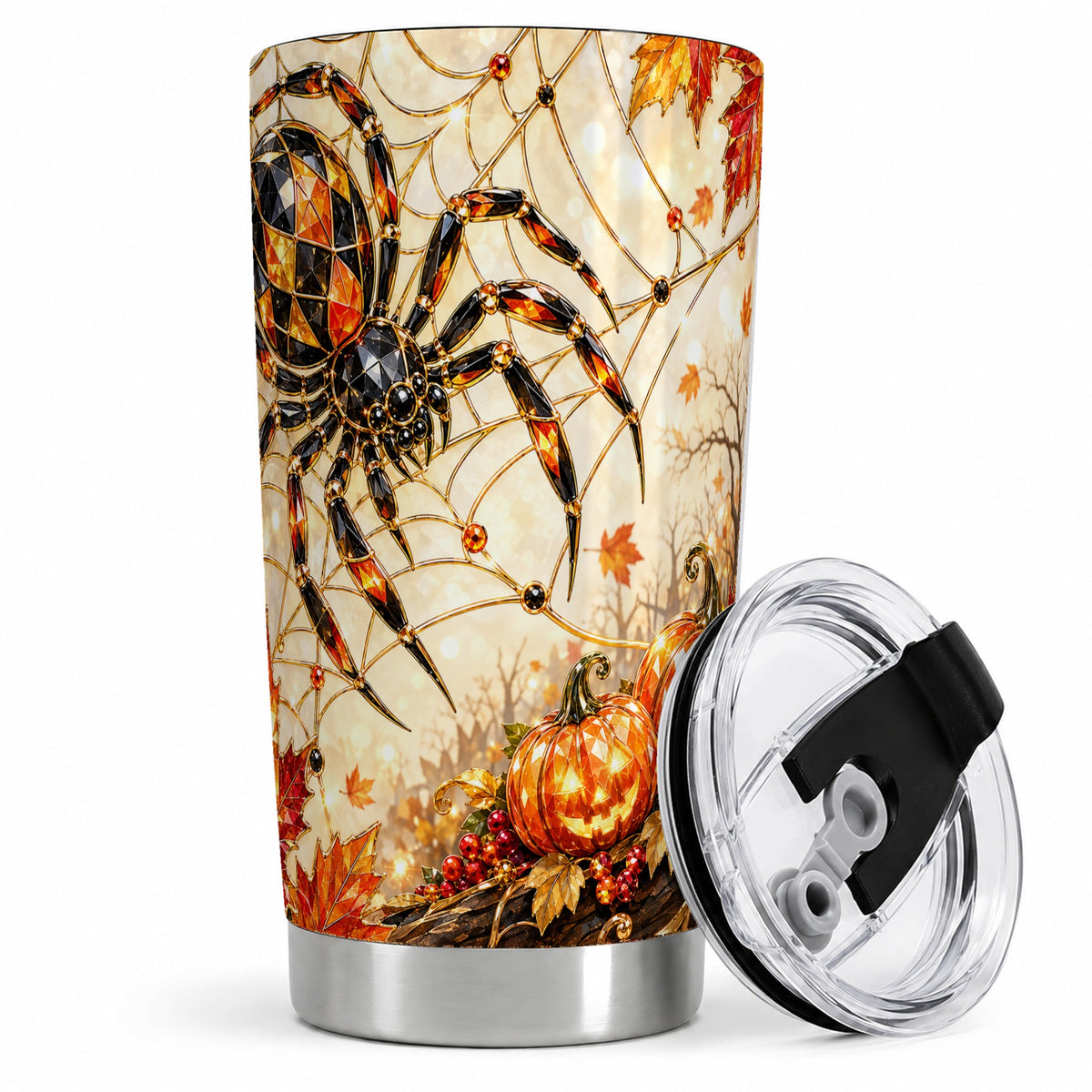 #pl[20oz|Steel] Halloween Spider Web 20oz Tumbler, Jack-O-Lantern Pumpkin Artwork