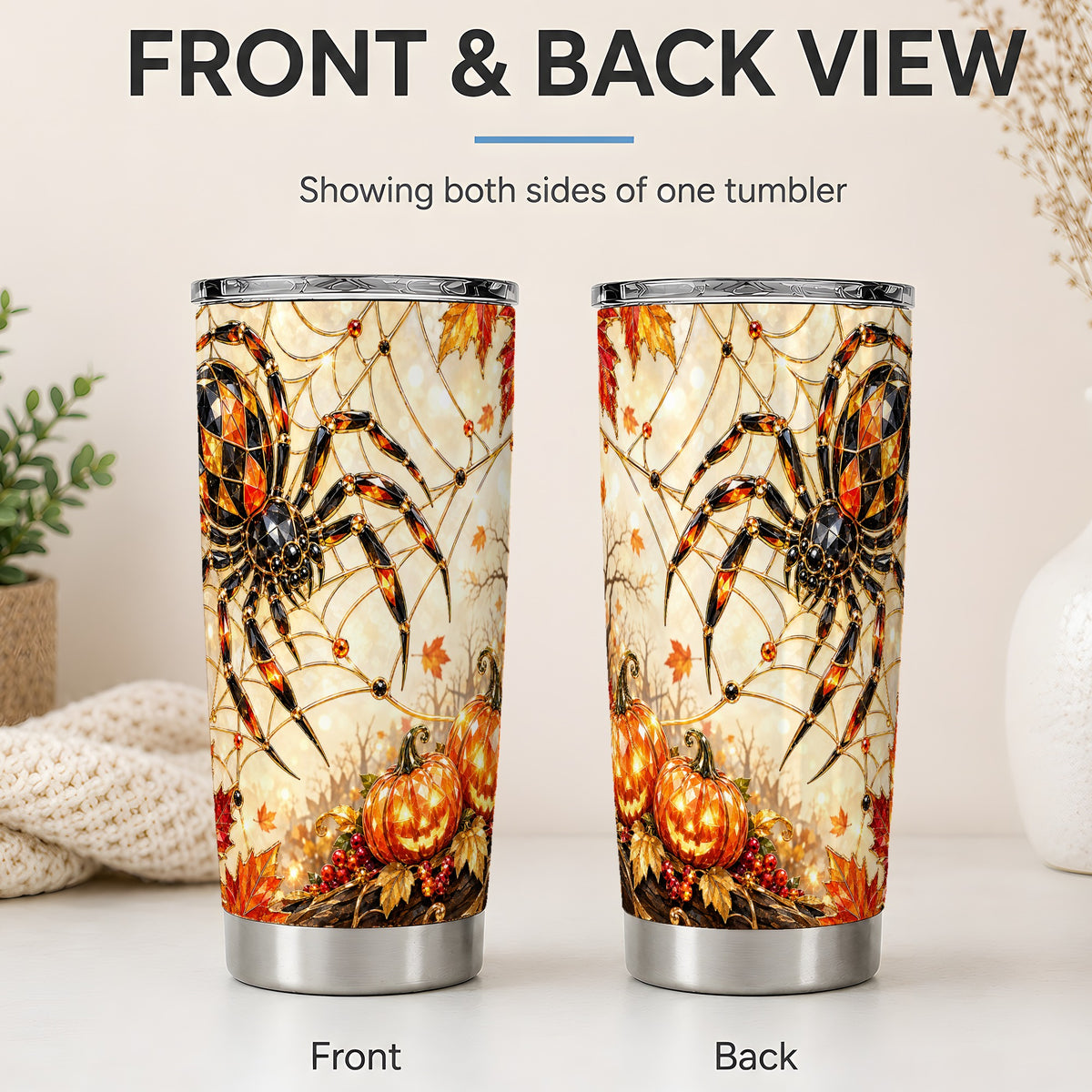 #pl[20oz|Steel] Halloween Spider Web 20oz Tumbler, Jack-O-Lantern Pumpkin Artwork