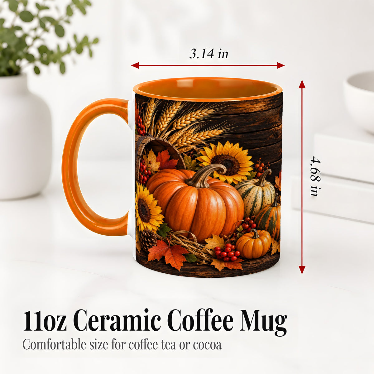 #pl[11oz|Orange] Rustic Harvest Ceramic Mug with Pumpkins, Sunflowers and Wheat