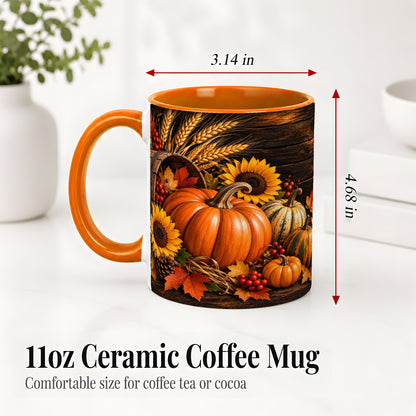 #pl[11oz|Orange] Rustic Harvest Ceramic Mug with Pumpkins, Sunflowers and Wheat