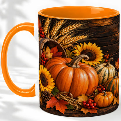 #pl[11oz|Orange] Rustic Harvest Ceramic Mug with Pumpkins, Sunflowers and Wheat