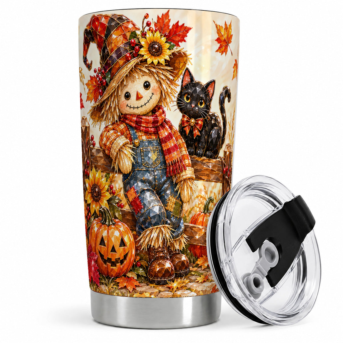 #pl[20oz|Steel] Autumn Scarecrow Cat 20oz Tumbler, Pumpkin Sunflower Artwork