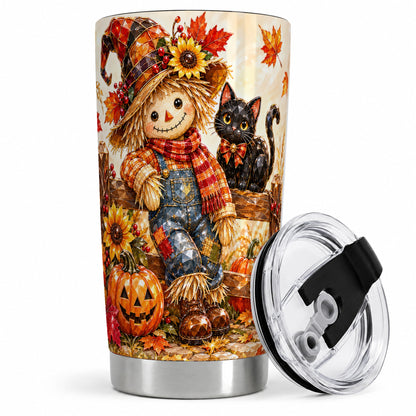 #pl[20oz|Steel] Autumn Scarecrow Cat 20oz Tumbler, Pumpkin Sunflower Artwork