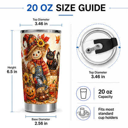 #pl[20oz|Steel] Autumn Scarecrow Cat 20oz Tumbler, Pumpkin Sunflower Artwork