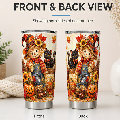 #pl[20oz|Steel] Autumn Scarecrow Cat 20oz Tumbler, Pumpkin Sunflower Artwork