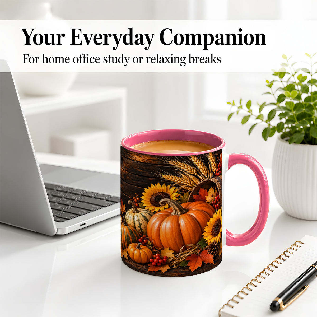 #pl[11oz|Pink] Rustic Harvest Ceramic Mug with Pumpkins, Sunflowers and Wheat