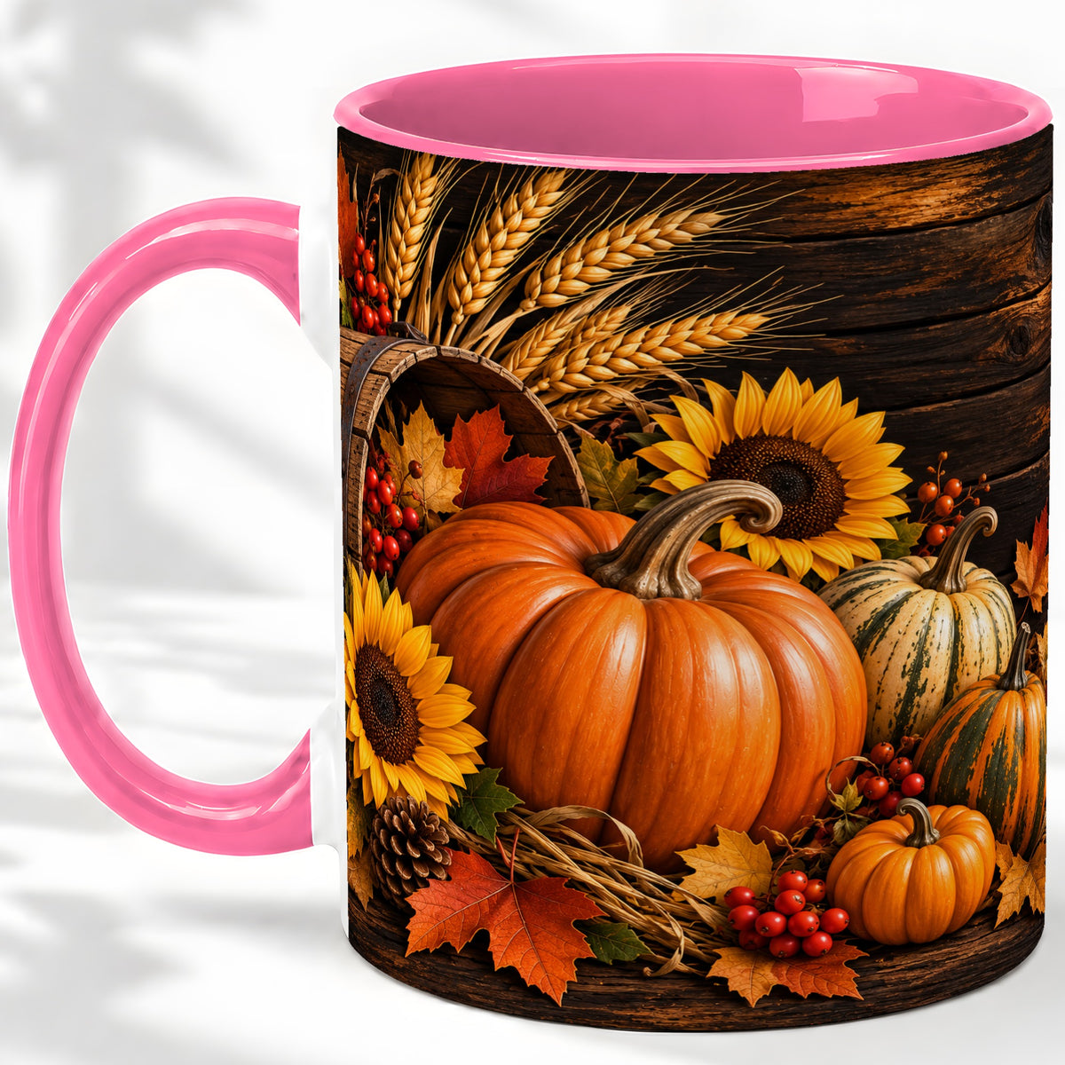 #pl[11oz|Pink] Rustic Harvest Ceramic Mug with Pumpkins, Sunflowers and Wheat