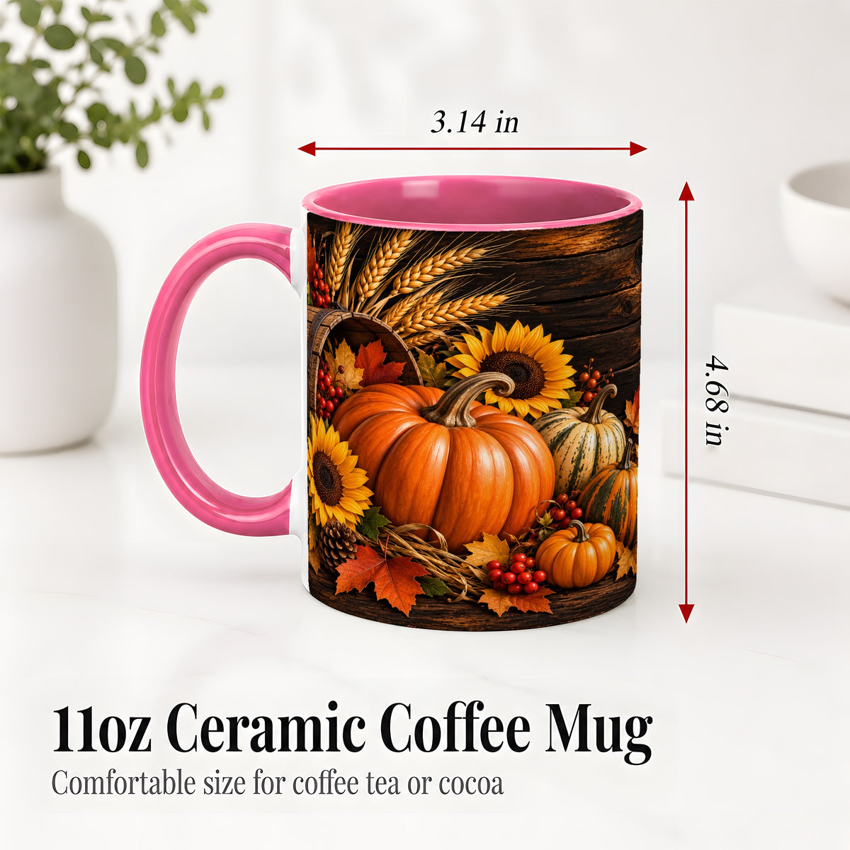#pl[11oz|Pink] Rustic Harvest Ceramic Mug with Pumpkins, Sunflowers and Wheat