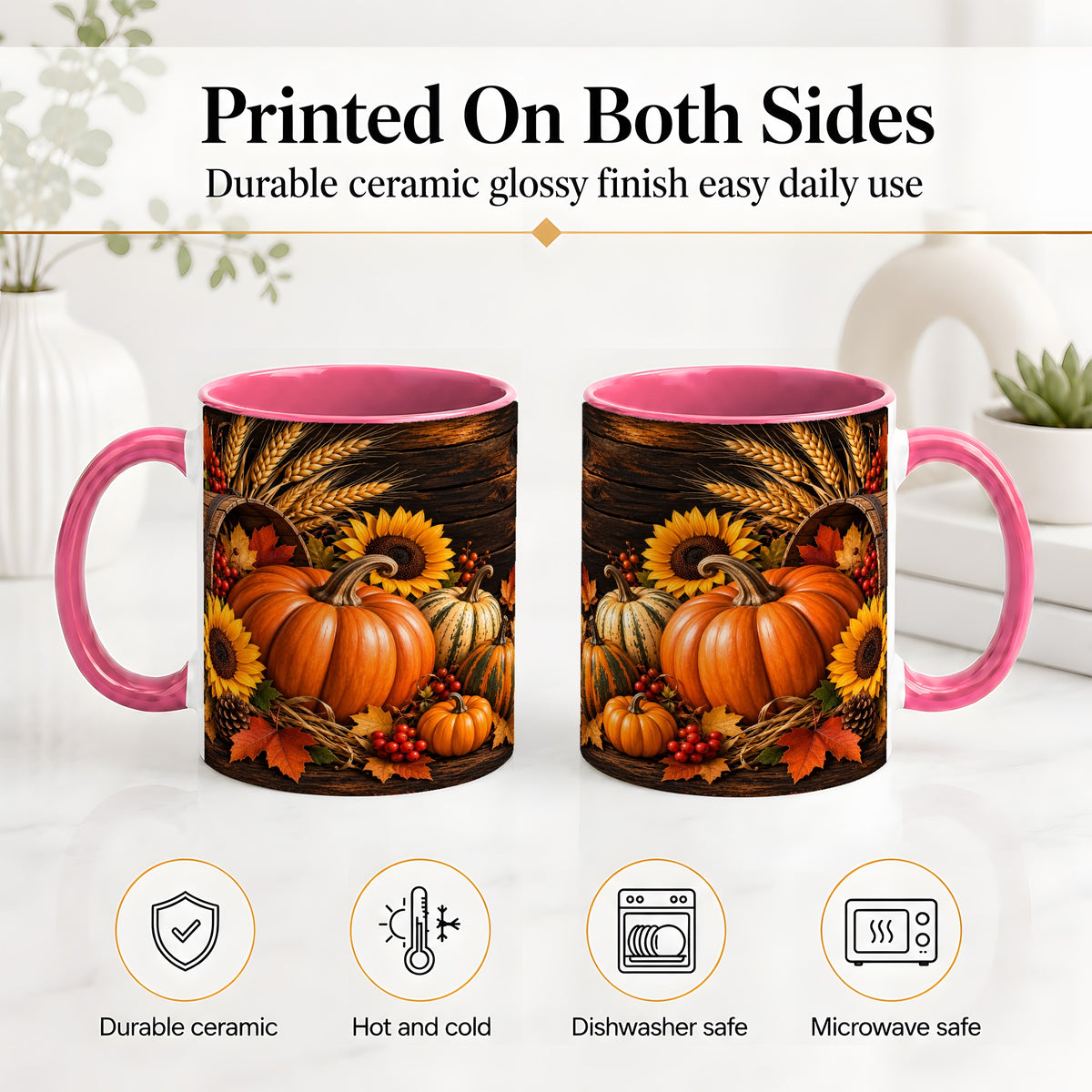#pl[11oz|Pink] Rustic Harvest Ceramic Mug with Pumpkins, Sunflowers and Wheat