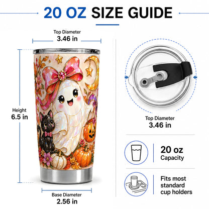 #pl[20oz|Steel] Cute Halloween Ghost Cat 20oz Tumbler, Pumpkin Moon Artwork
