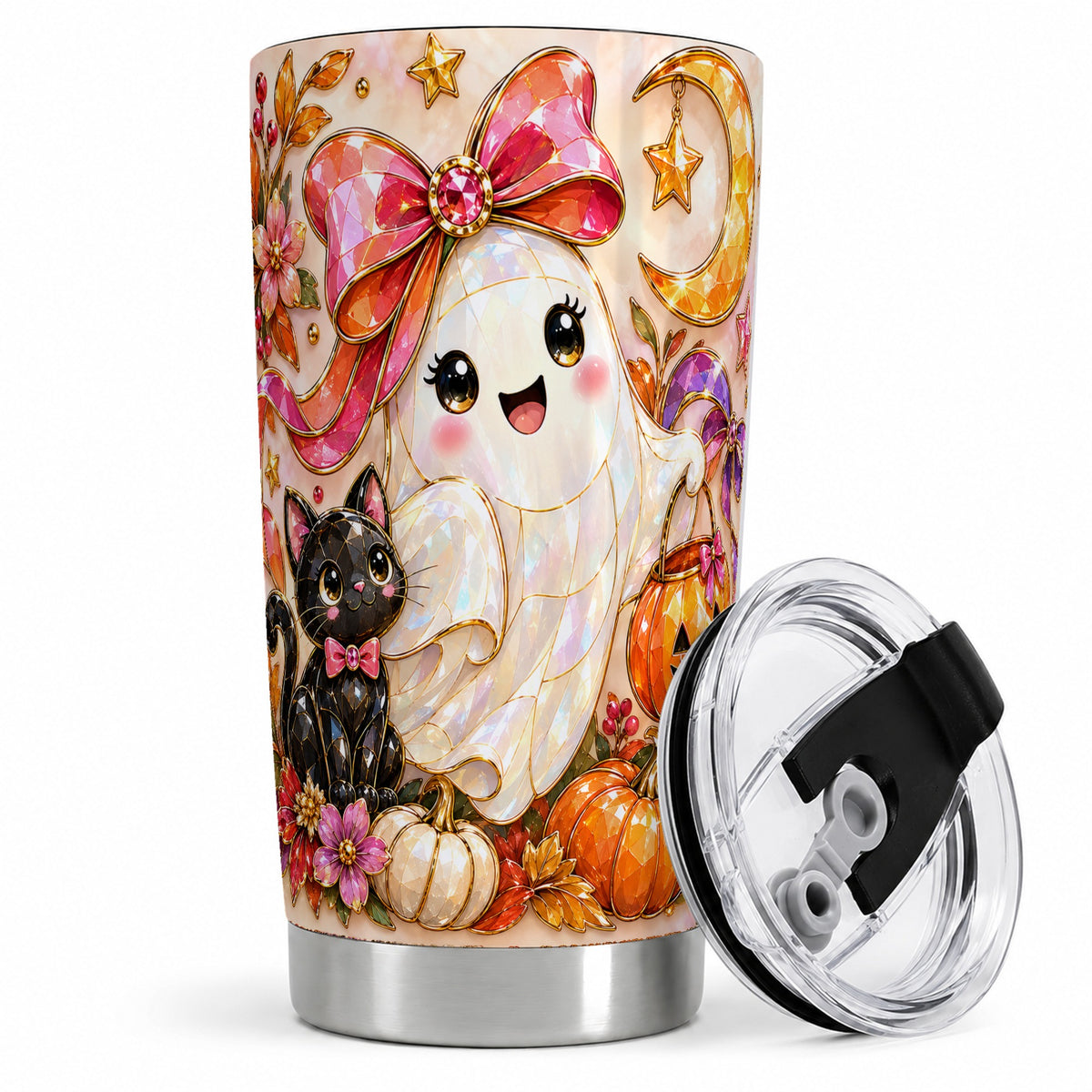 #pl[20oz|Steel] Cute Halloween Ghost Cat 20oz Tumbler, Pumpkin Moon Artwork