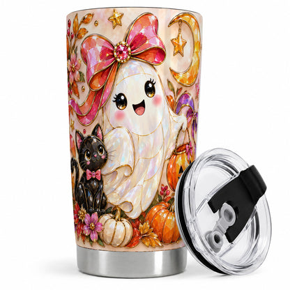 #pl[20oz|Steel] Cute Halloween Ghost Cat 20oz Tumbler, Pumpkin Moon Artwork