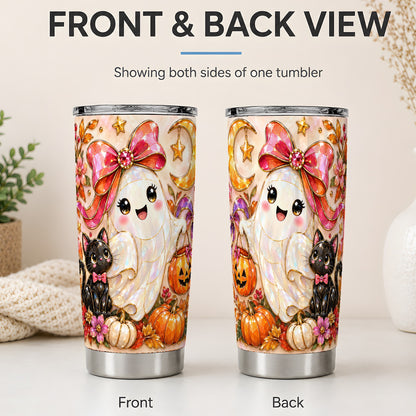 #pl[20oz|Steel] Cute Halloween Ghost Cat 20oz Tumbler, Pumpkin Moon Artwork