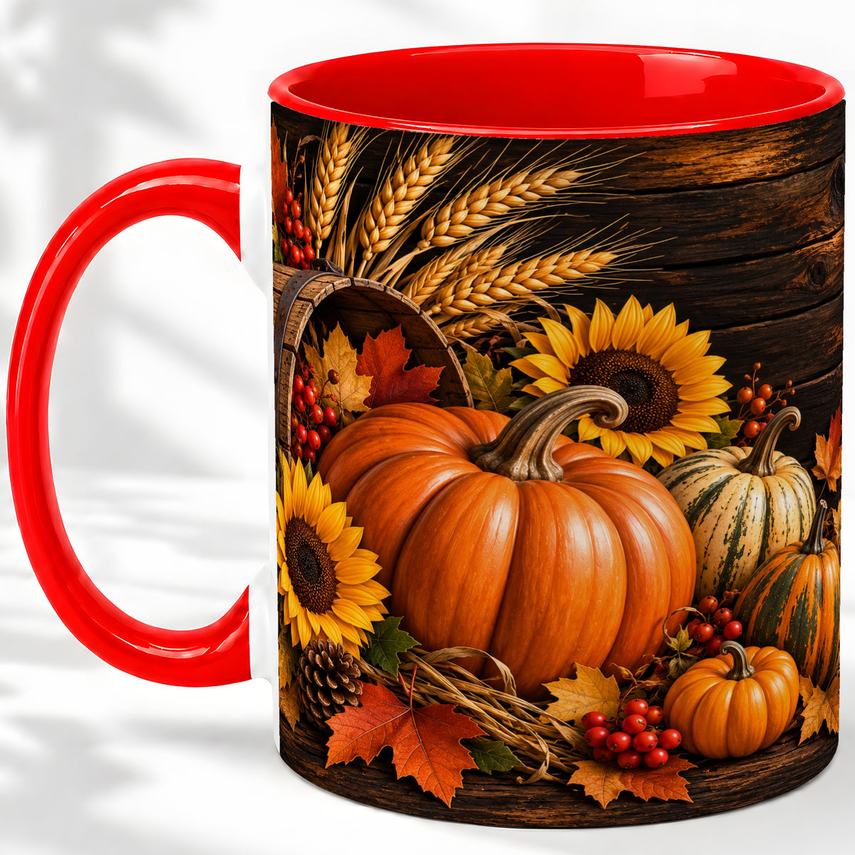 Rustic Harvest Ceramic Mug with Pumpkins, Sunflowers and Wheat