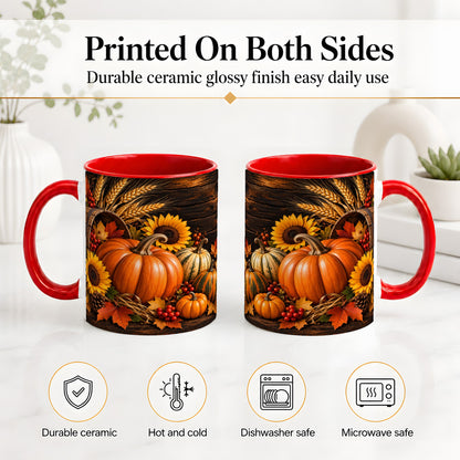 #pl[11oz|Red] Rustic Harvest Ceramic Mug with Pumpkins, Sunflowers and Wheat