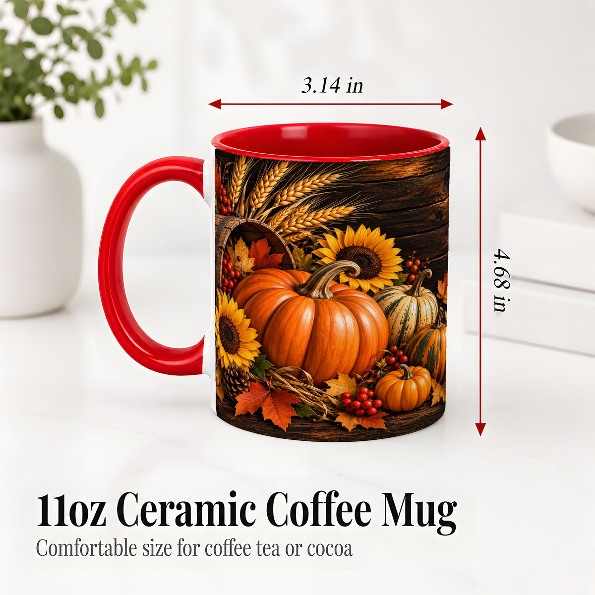 #pl[11oz|Red] Rustic Harvest Ceramic Mug with Pumpkins, Sunflowers and Wheat
