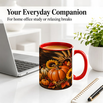 #pl[11oz|Red] Rustic Harvest Ceramic Mug with Pumpkins, Sunflowers and Wheat