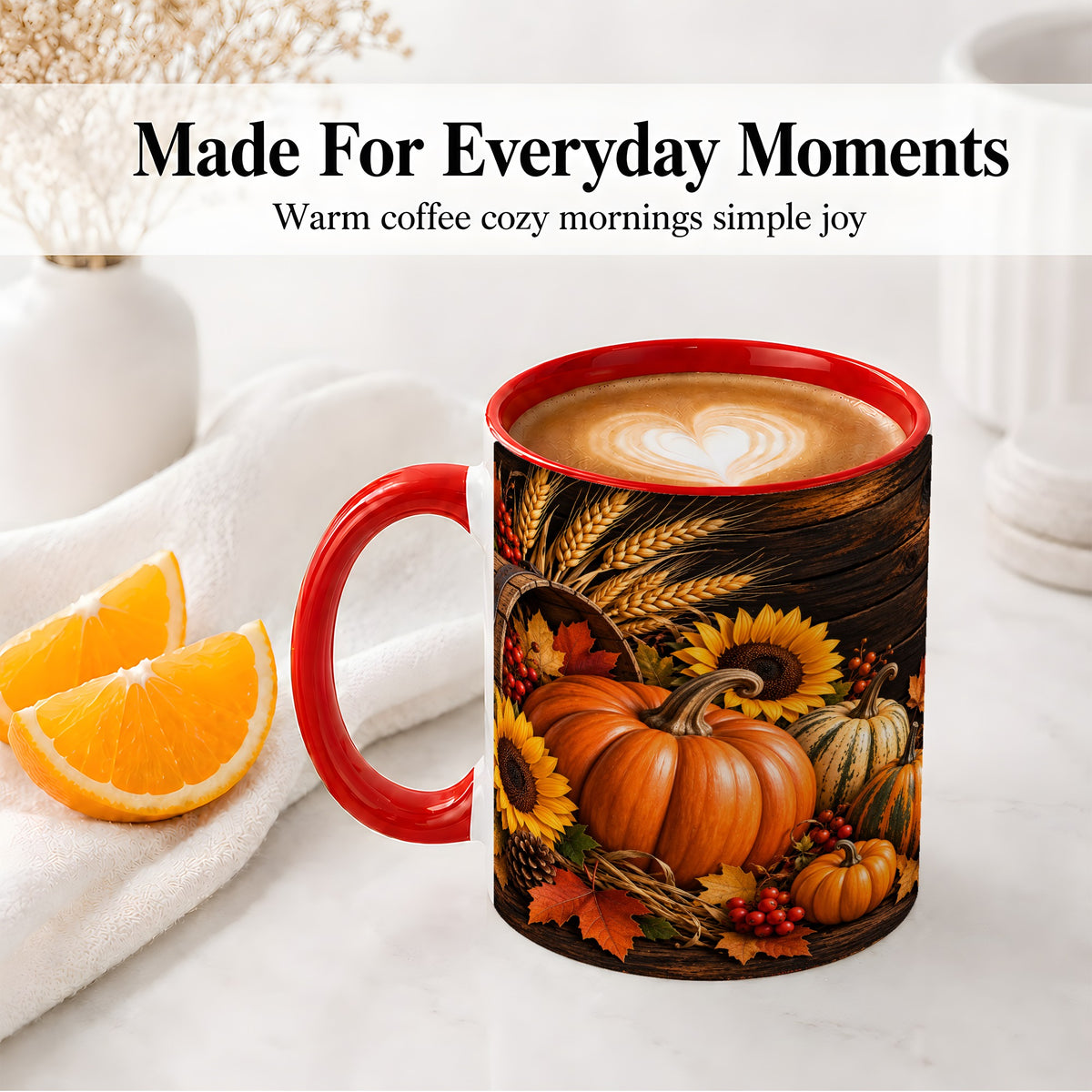 #pl[11oz|Red] Rustic Harvest Ceramic Mug with Pumpkins, Sunflowers and Wheat