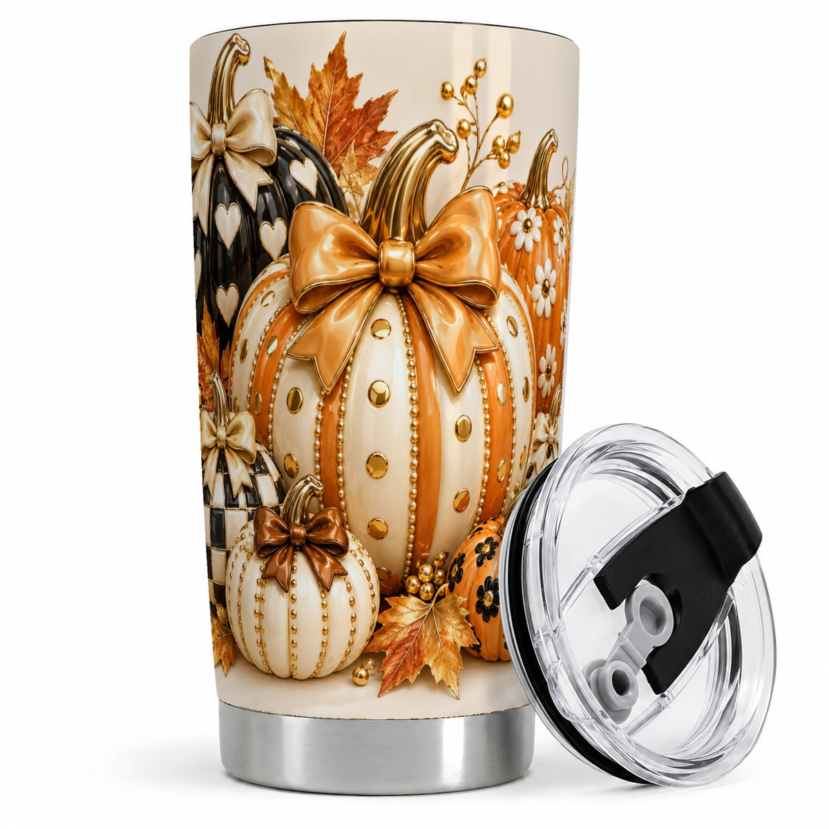 #pl[20oz|Steel] Cute Fall Pumpkin Bow 20oz Tumbler, Floral Polka Dot Artwork