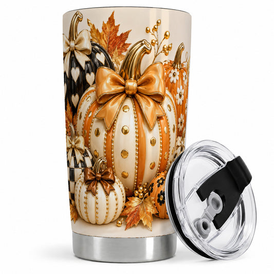 #pl[20oz|Steel] Cute Fall Pumpkin Bow 20oz Tumbler, Floral Polka Dot Artwork