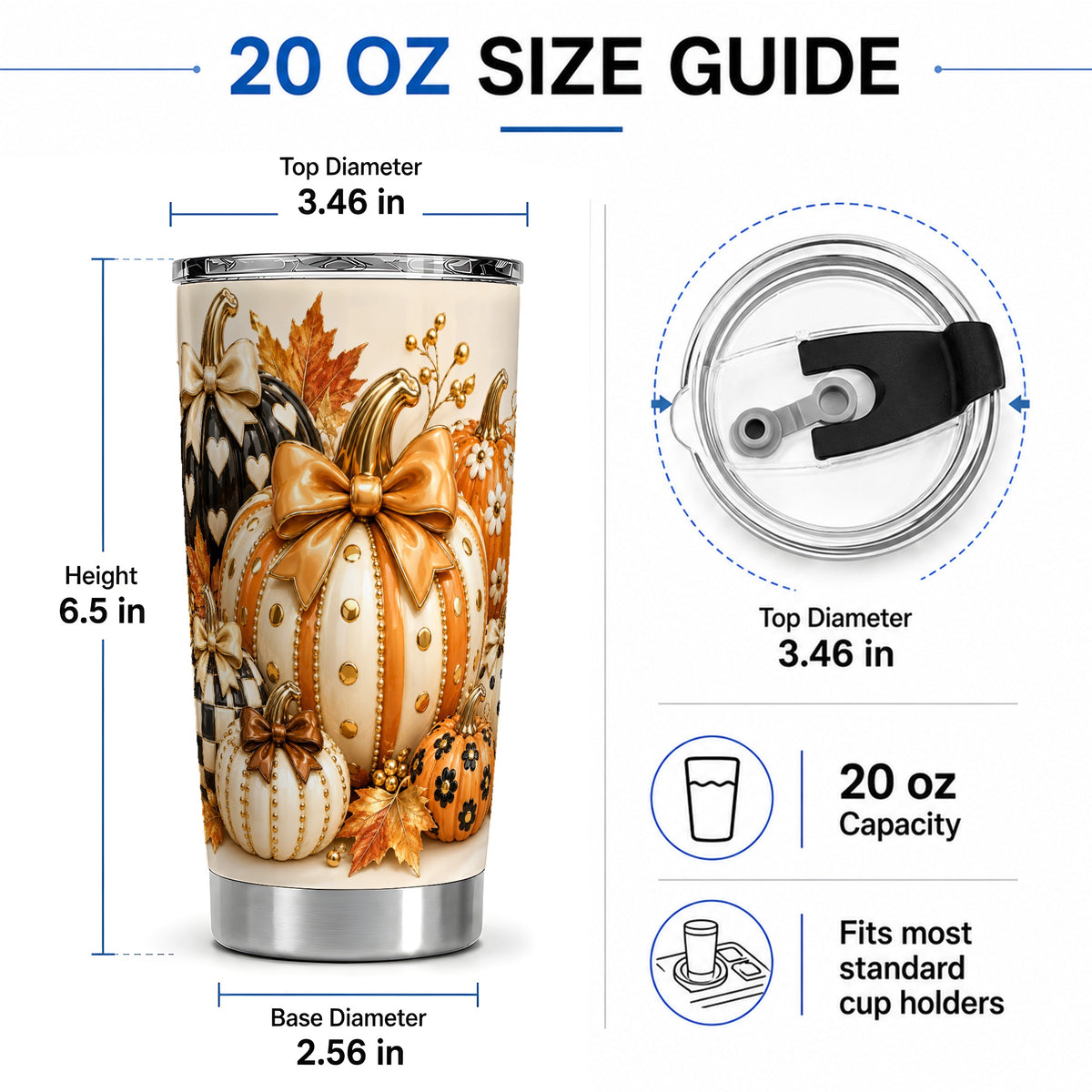 #pl[20oz|Steel] Cute Fall Pumpkin Bow 20oz Tumbler, Floral Polka Dot Artwork
