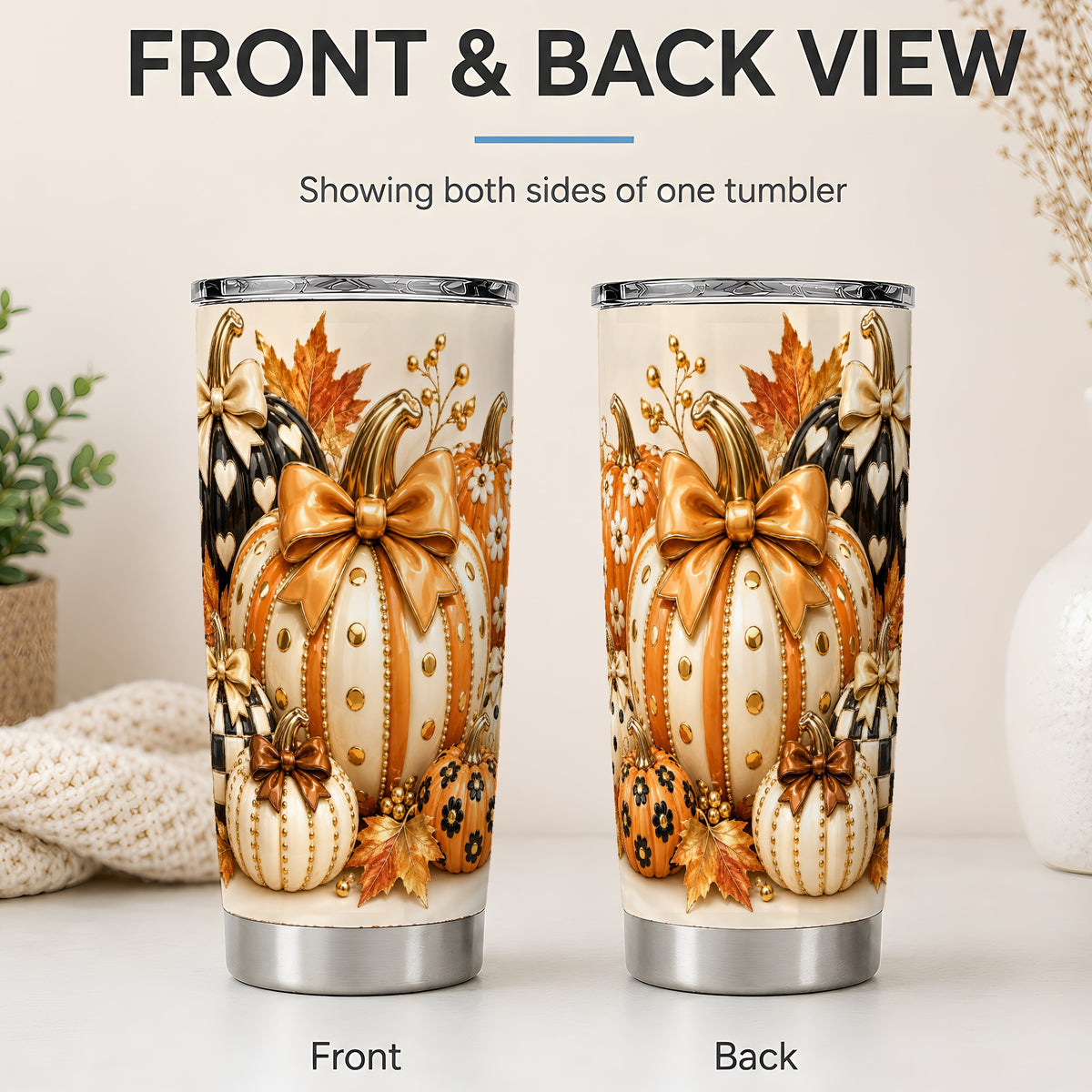 #pl[20oz|Steel] Cute Fall Pumpkin Bow 20oz Tumbler, Floral Polka Dot Artwork