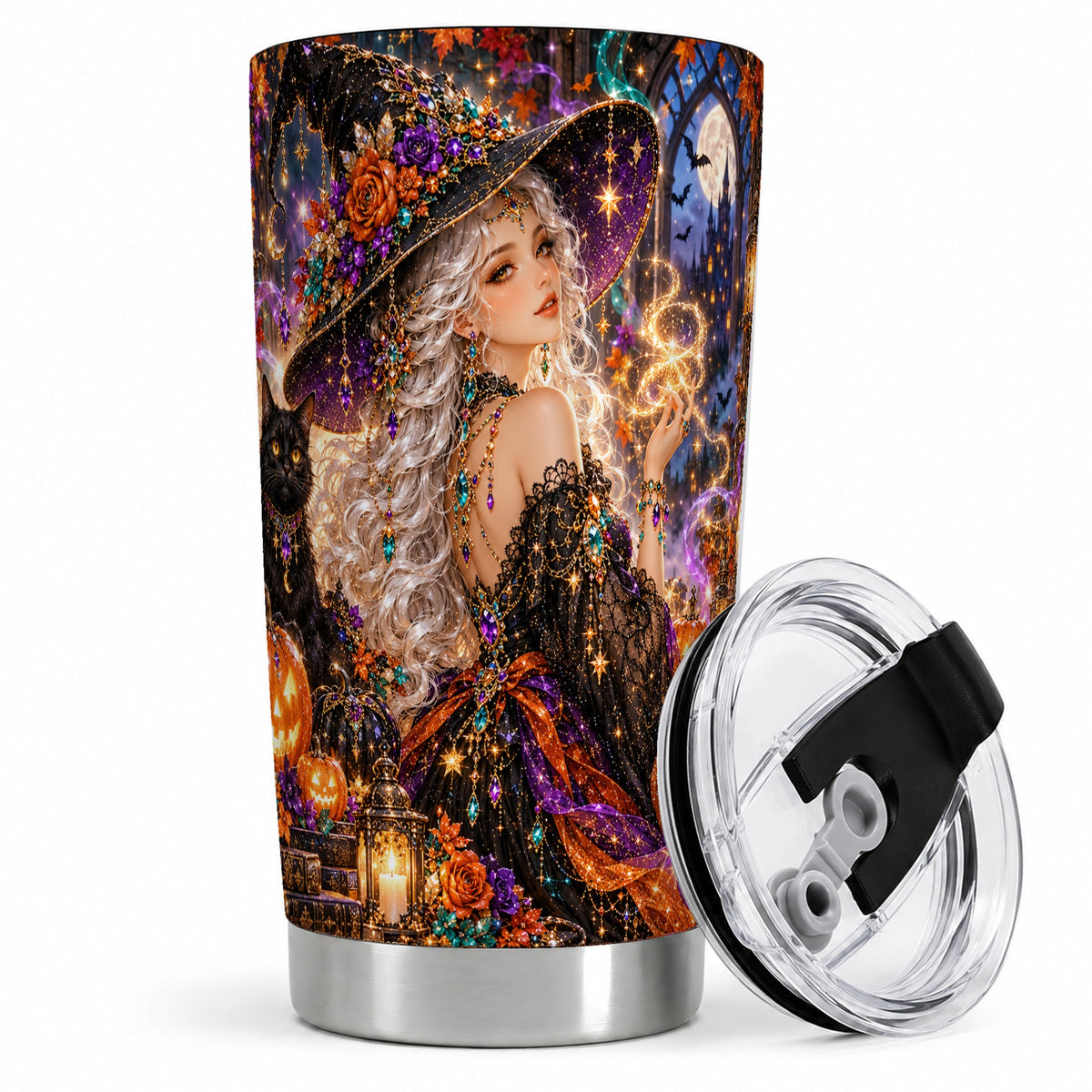 #pl[20oz|Steel] Halloween Witch 20oz Tumbler with Black Cat, Pumpkin and Moon Artwork